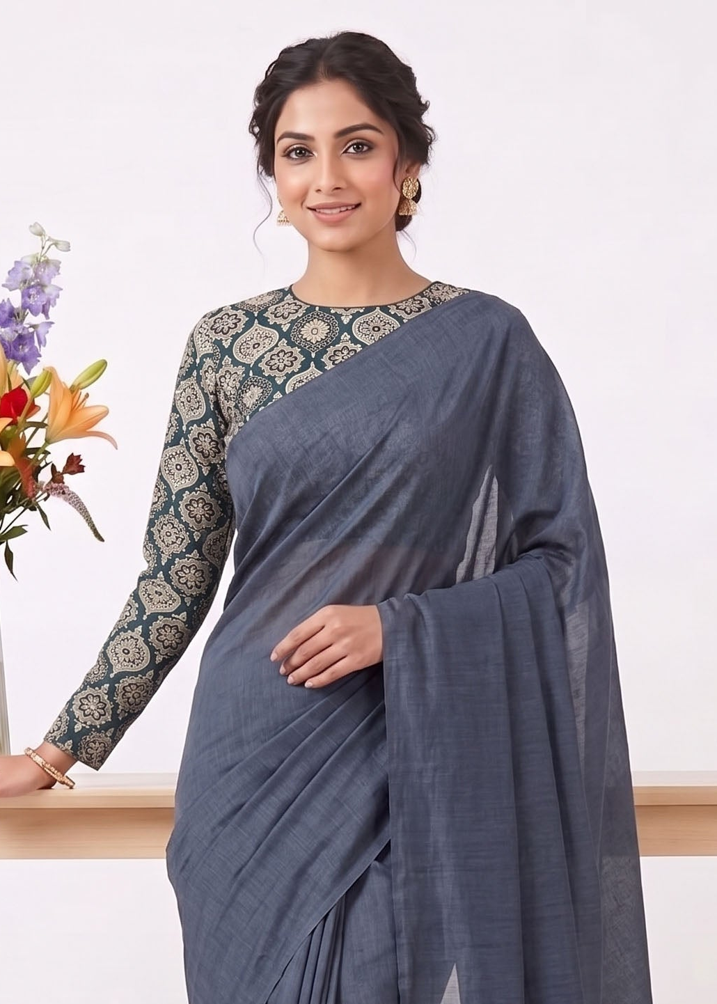 Elegant Khadi Cotton Saree with Stretchable Ajrak Print Blouse