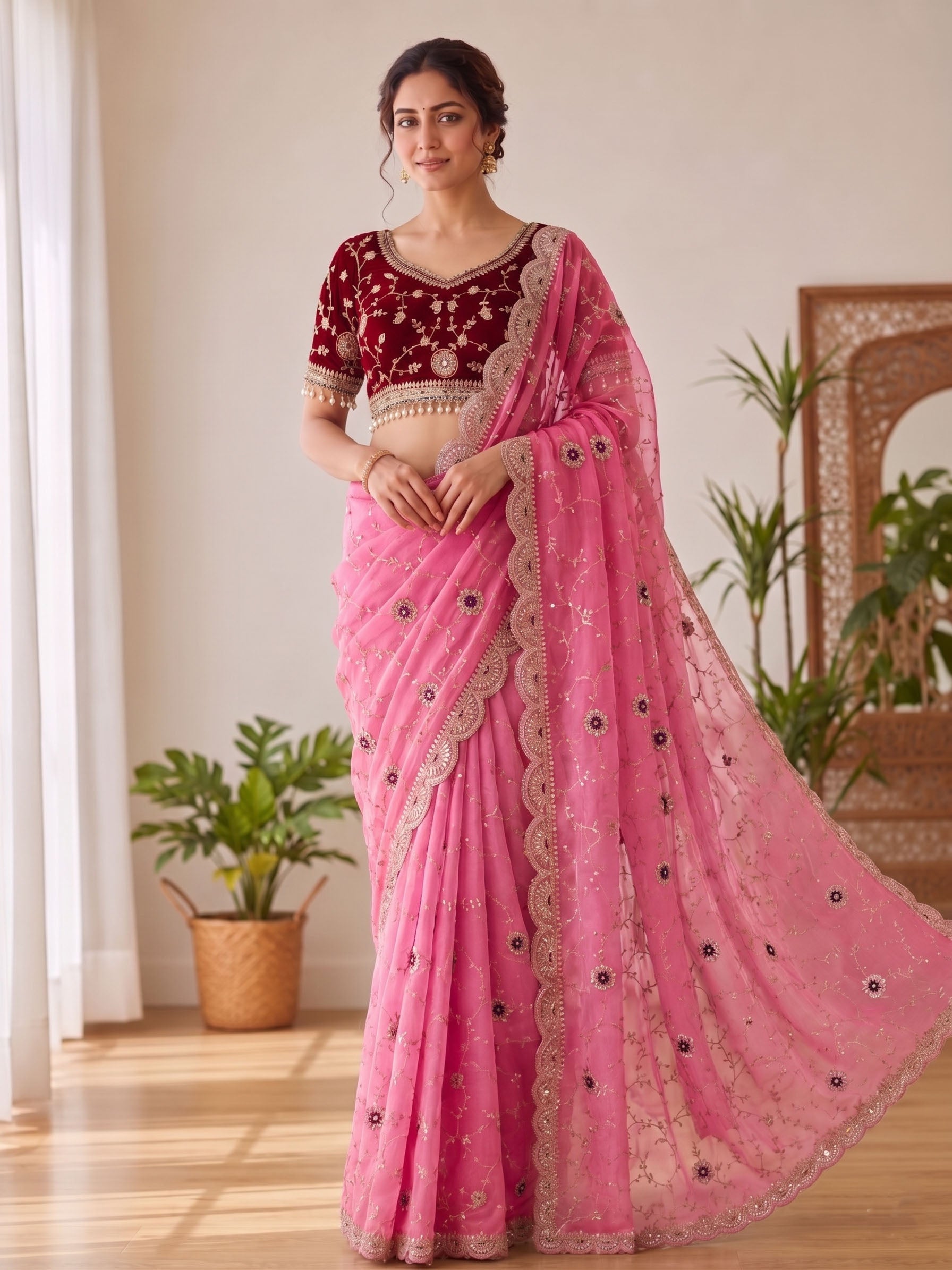 Embroidered Satin Saree with Heavy Sequin Blouse