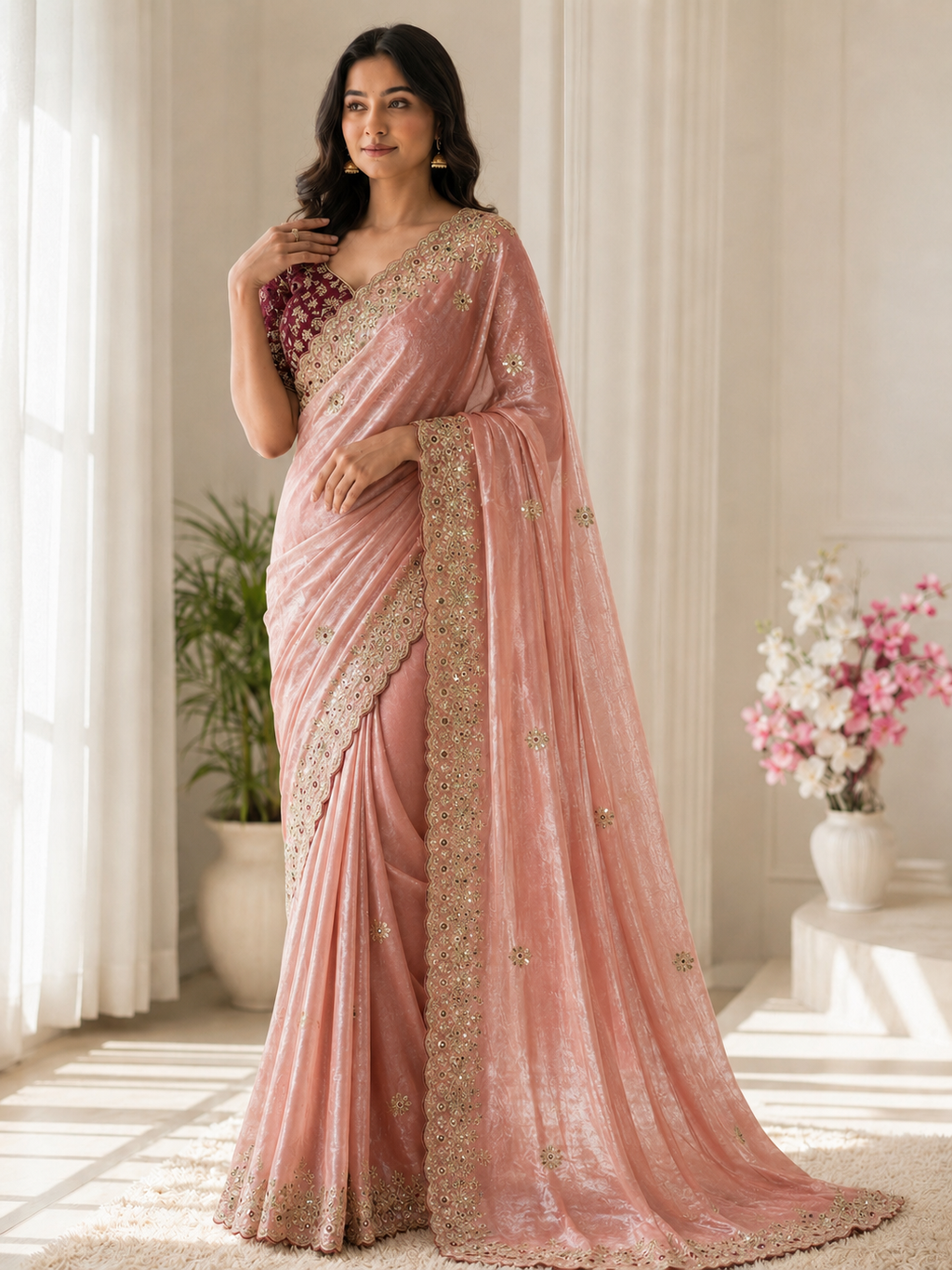 Fandy Satin C-Pallu Saree and Designer Stitched Blouse