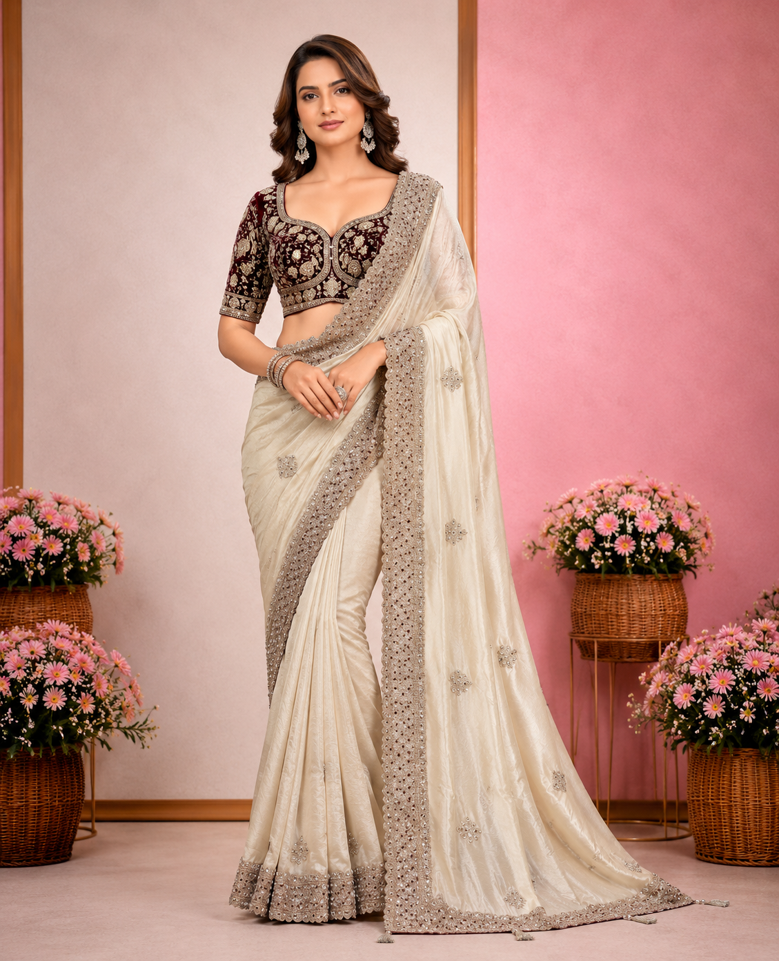 Elegant Satin Embroidered Saree with Sequins Border