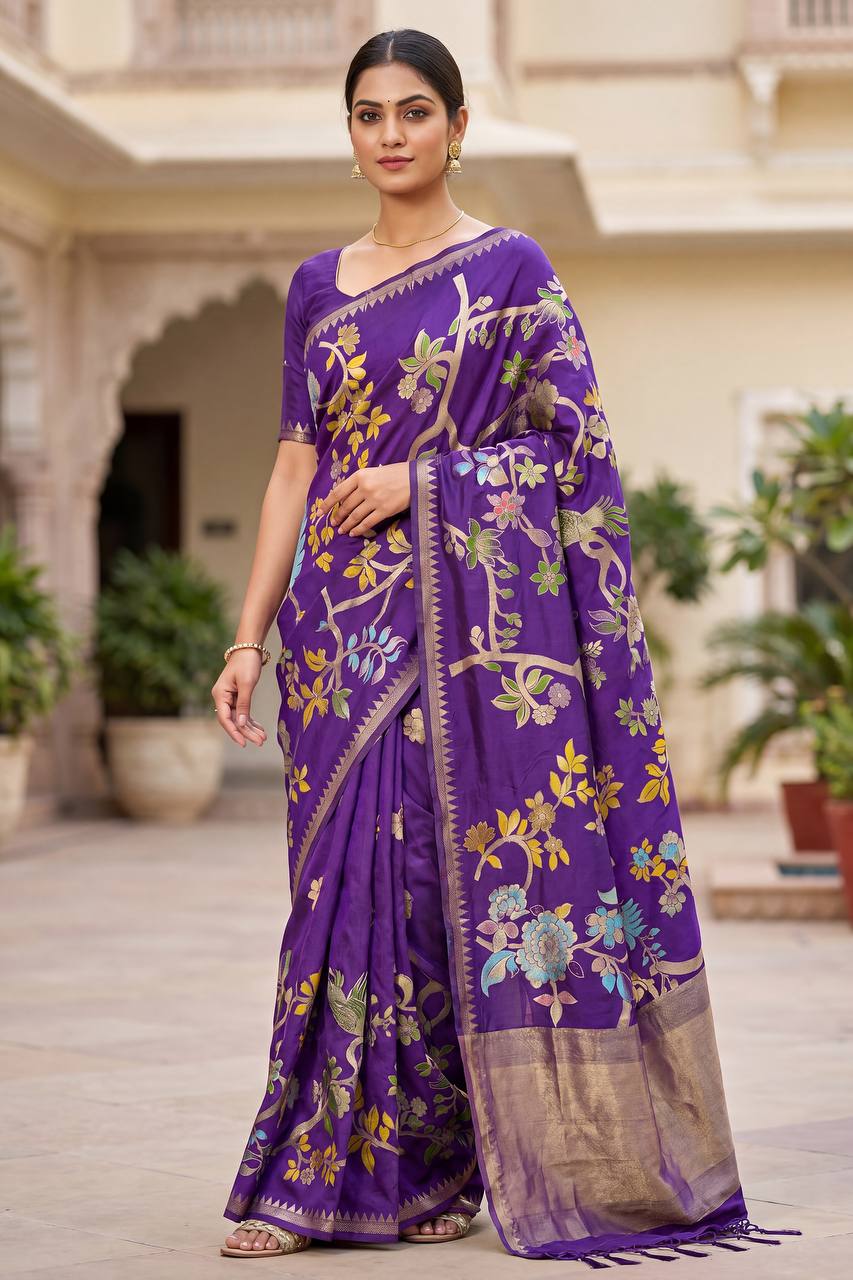 Hand Dyed Khadi Crepe Silk Saree with Bird Motifs