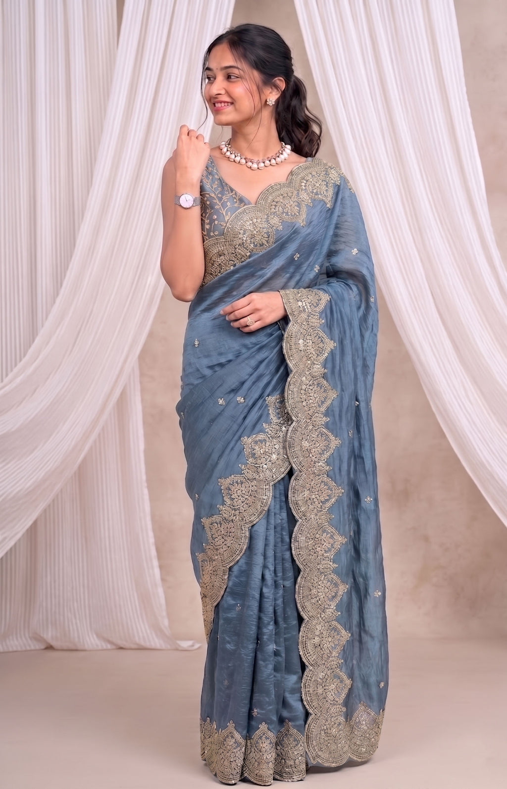 Premium Fandy Chiffon Saree with Sequins Zari Work