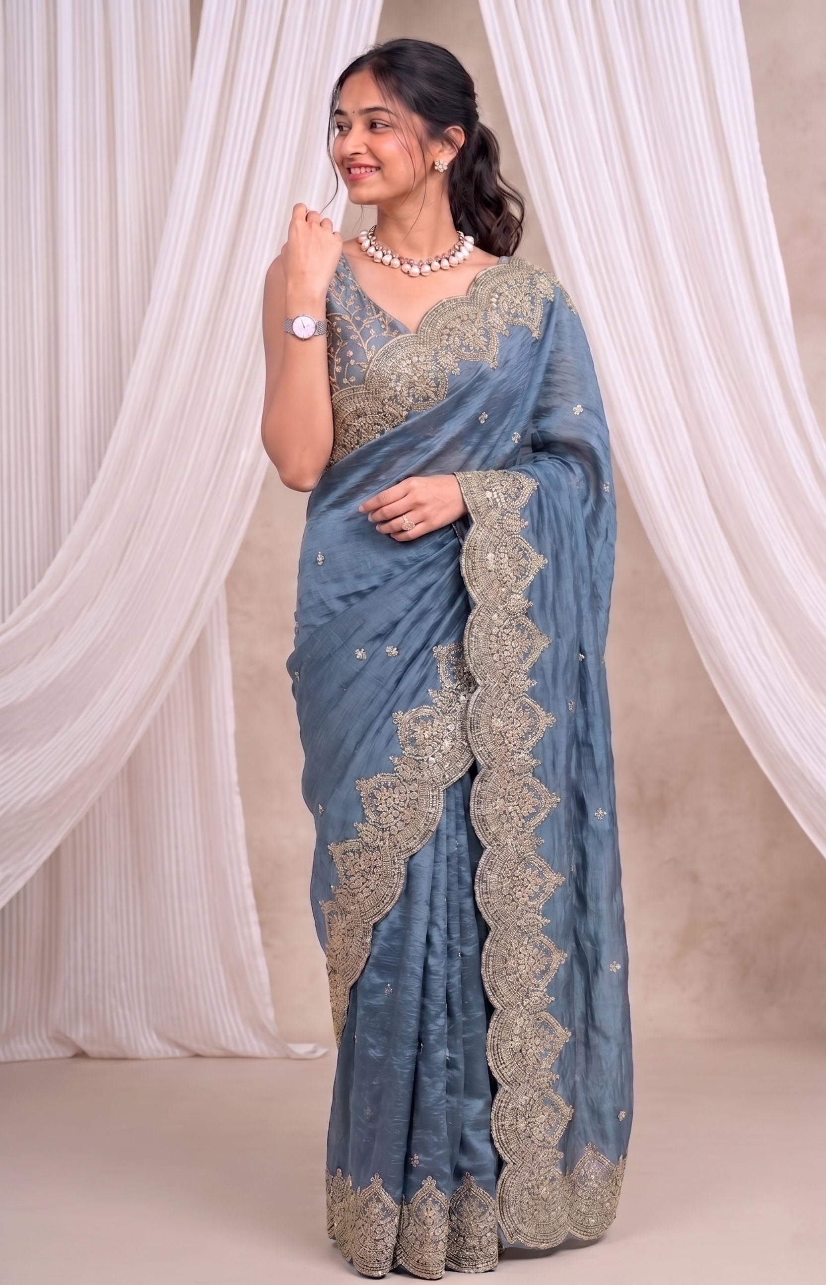 Premium Fandy Chiffon Saree with Sequins Zari Work