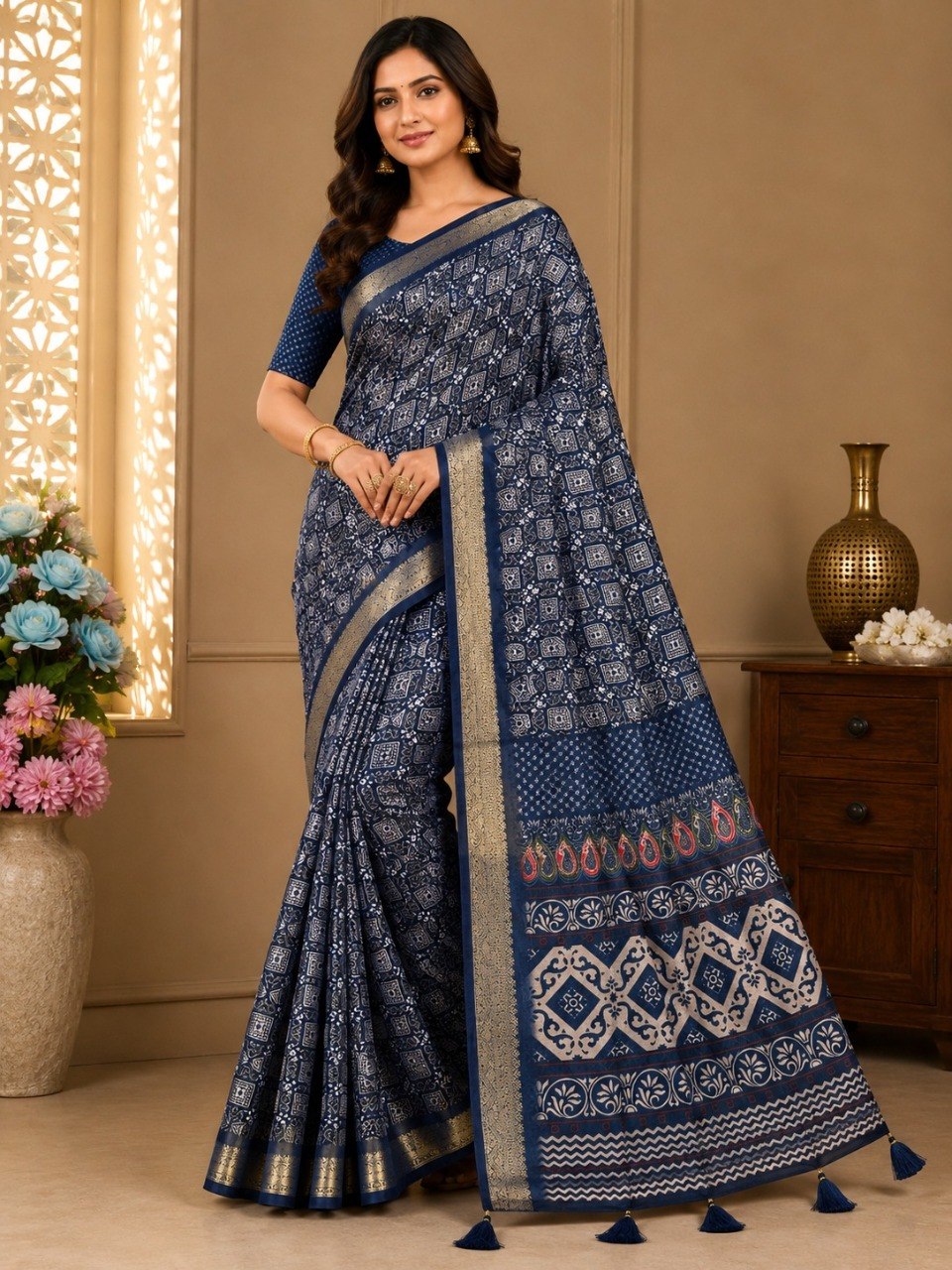 Premium Ajrakh Print Silk Blend Saree