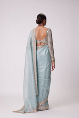 Marvelous Sky Color Georgette Original Mirror Saree