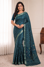 Bandhani Print Soft Silk Blend Saree with Rich Golden Zari Border