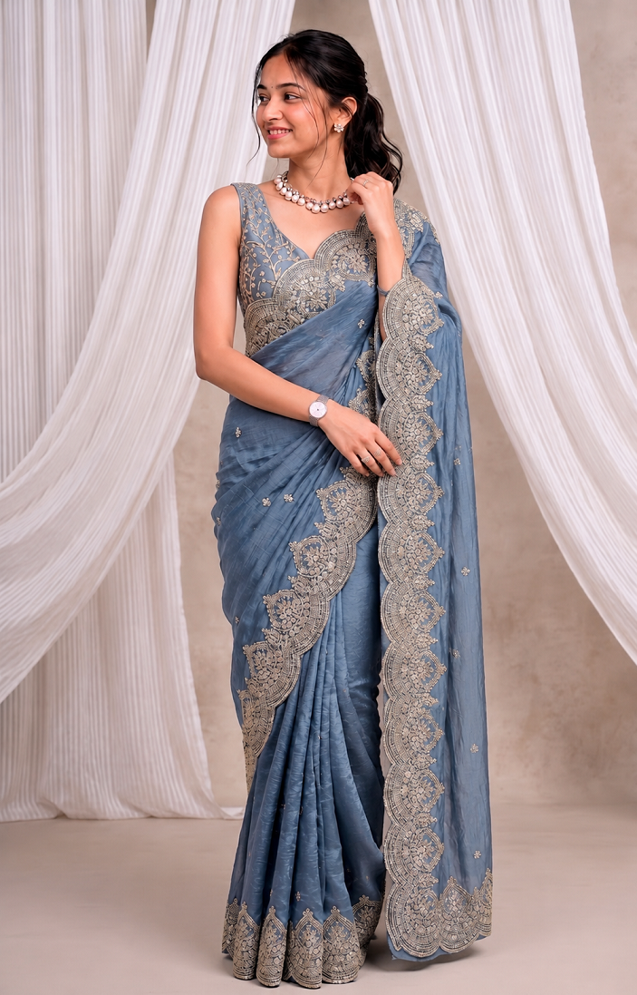 Premium Fandy Chiffon Saree with Sequins Zari Work
