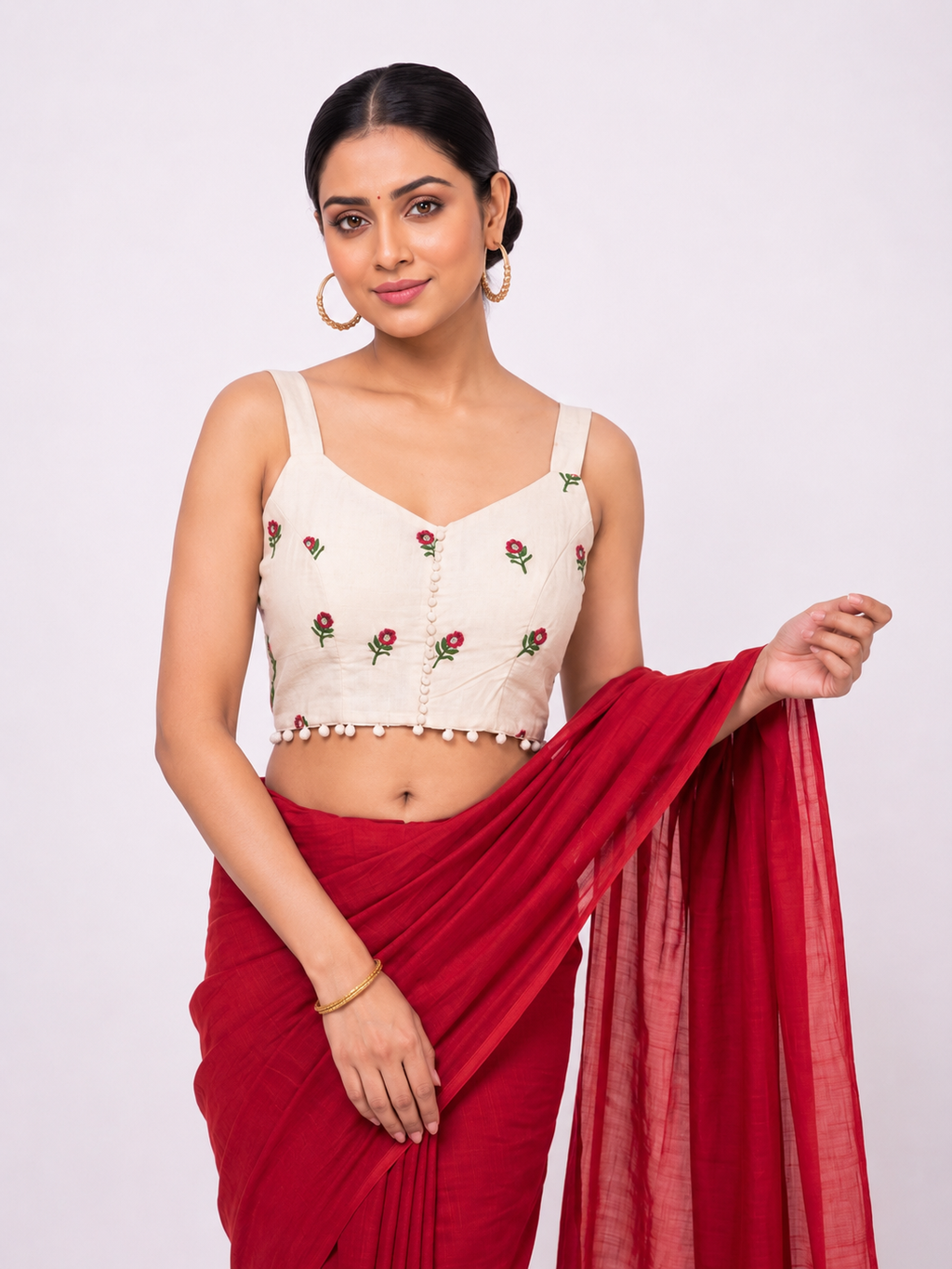 Khadi Cotton Saree with Designer Embroidered Sleeveless Blouse