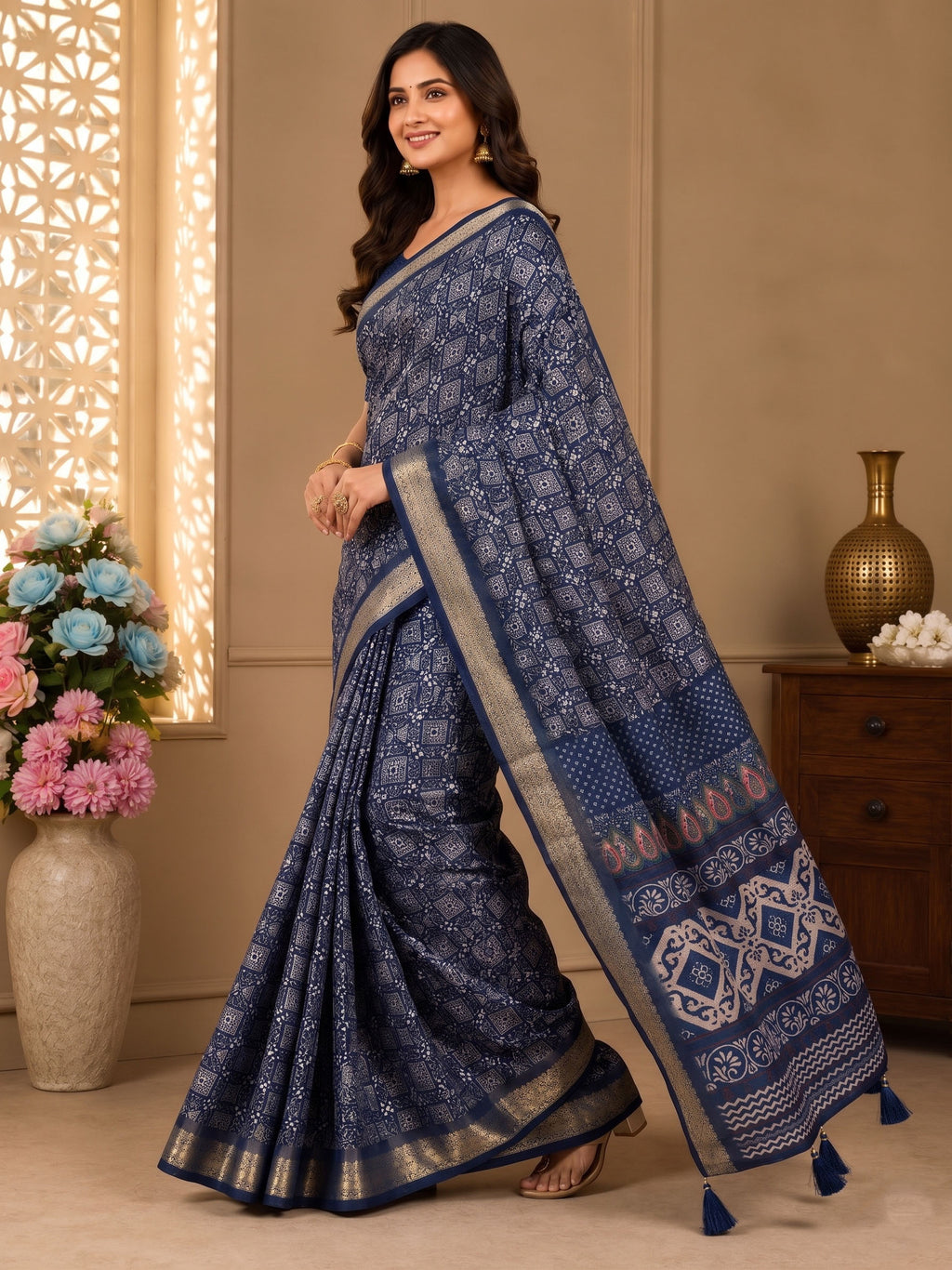 Premium Ajrakh Print Silk Blend Saree