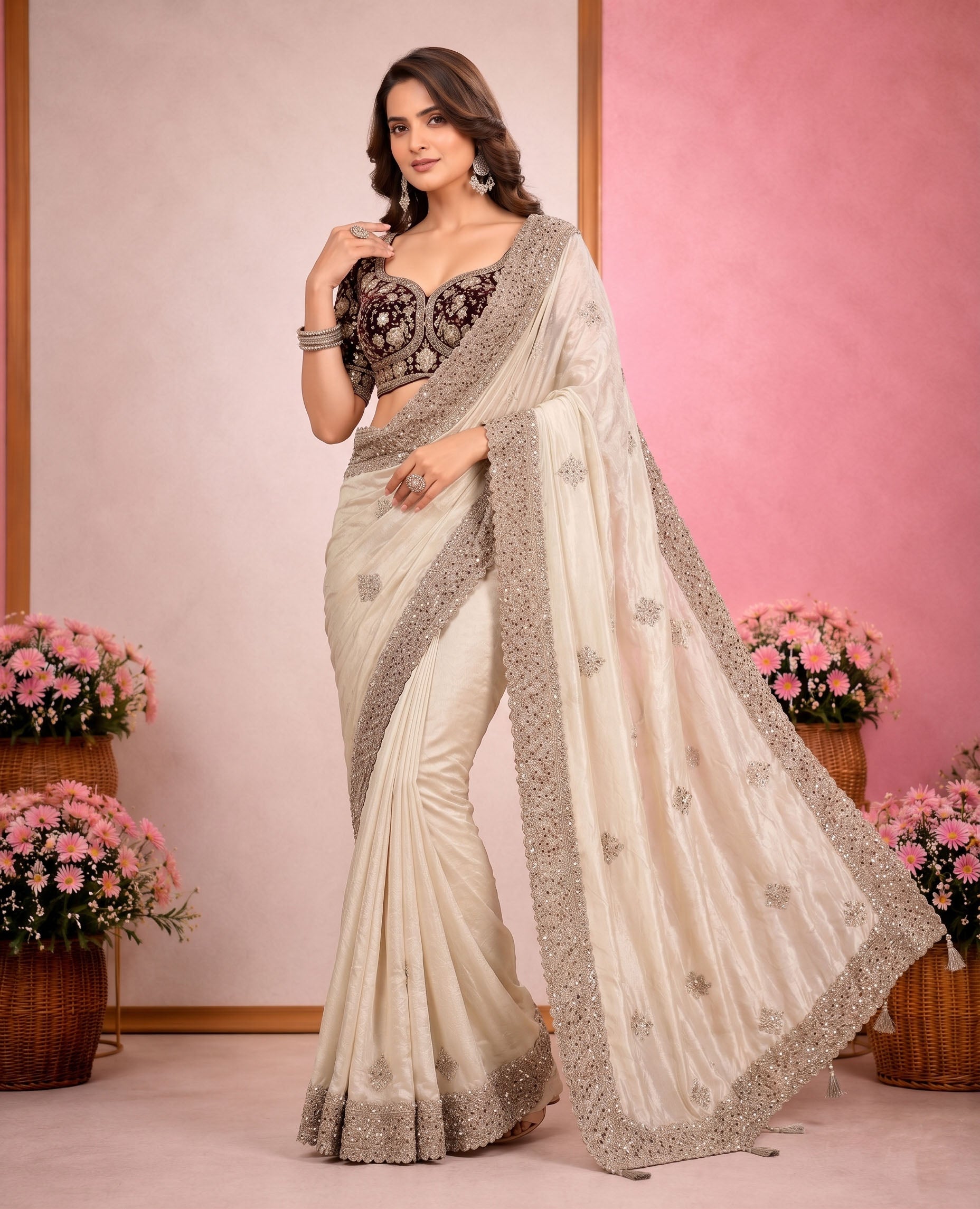 Elegant Satin Embroidered Saree with Sequins Border