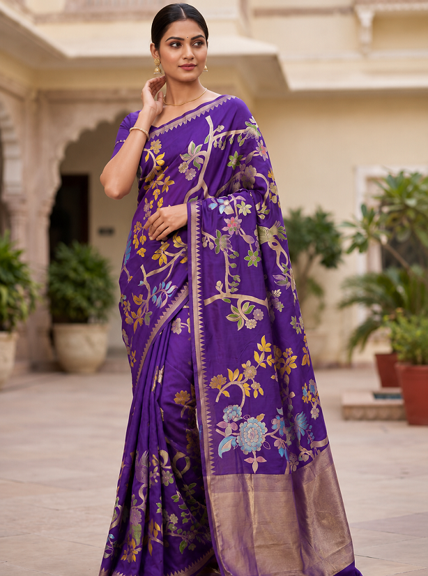 Hand Dyed Khadi Crepe Silk Saree with Bird Motifs