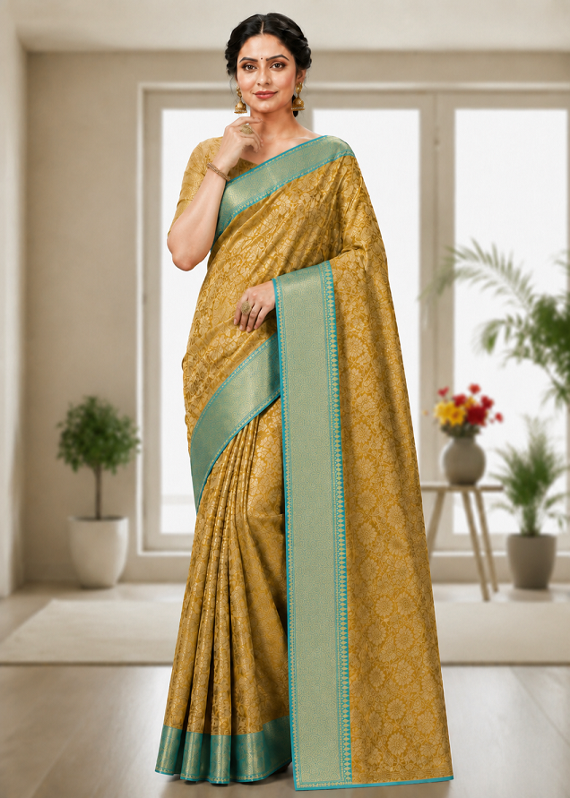 Golden Flower Zari Weaving Designer Saree