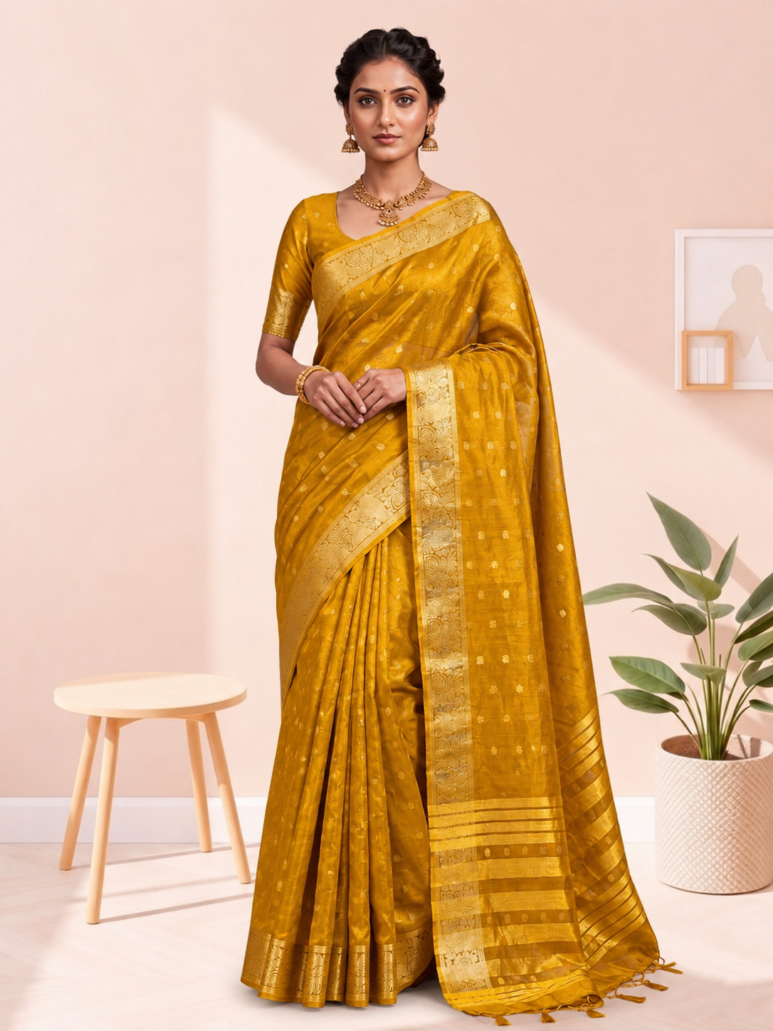 Golden Butti Khadi Shimmer Saree