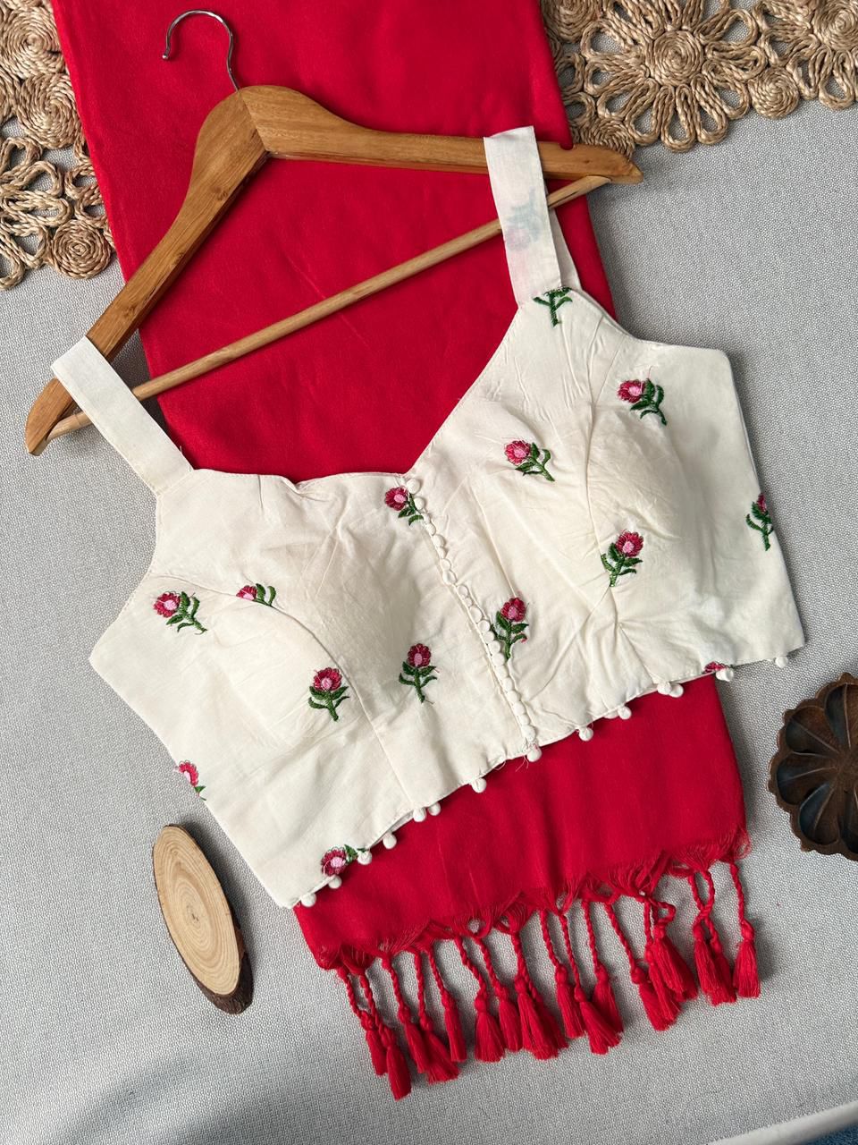Khadi Cotton Saree with Designer Embroidered Sleeveless Blouse