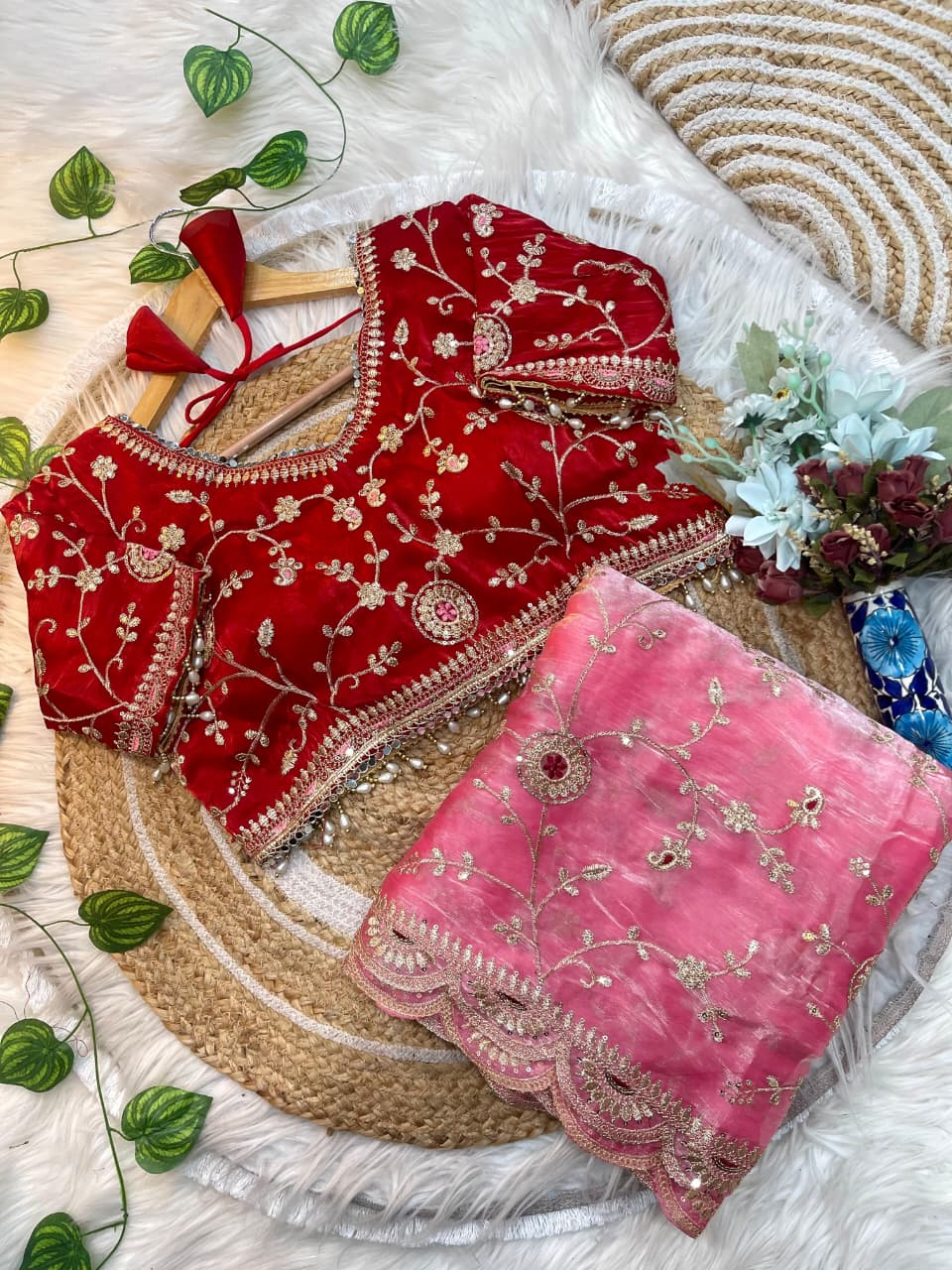 Embroidered Satin Saree with Heavy Sequin Blouse