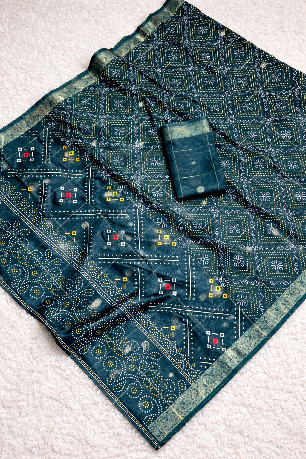 Bandhani Print Soft Silk Blend Saree with Rich Golden Zari Border