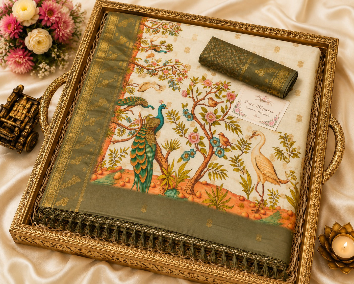 Digital Kalamkari Cotton Saree with Zari Border