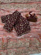 Fandy Satin C-Pallu Saree and Designer Stitched Blouse