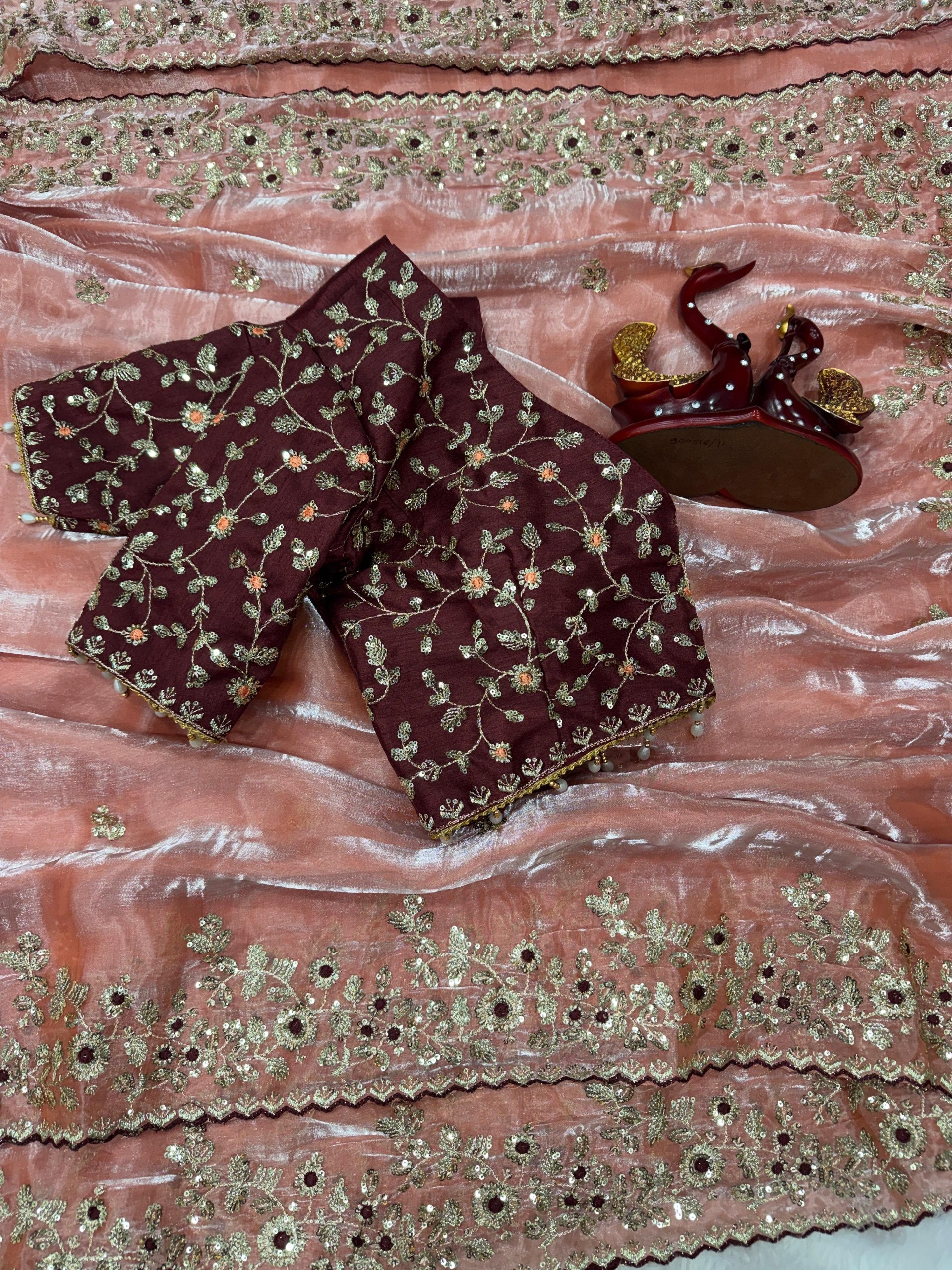 Fandy Satin C-Pallu Saree and Designer Stitched Blouse