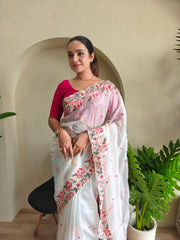 Awesome Embroidery Work White Color Saree