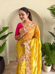 Awesome Embroidery Work Yellow Color Saree