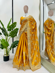 Beautiful Satin Silk Yellow Color Saree