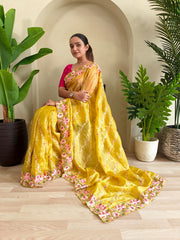 Awesome Embroidery Work Yellow Color Saree