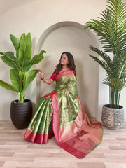 Fabulous Tissue Silk Green Color Saree