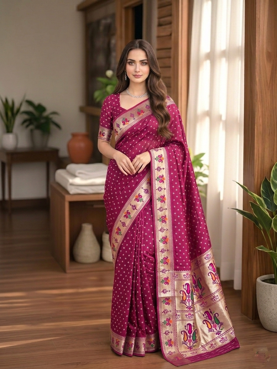 All Over Bandhej Paithani Dola Soft Silk Saree