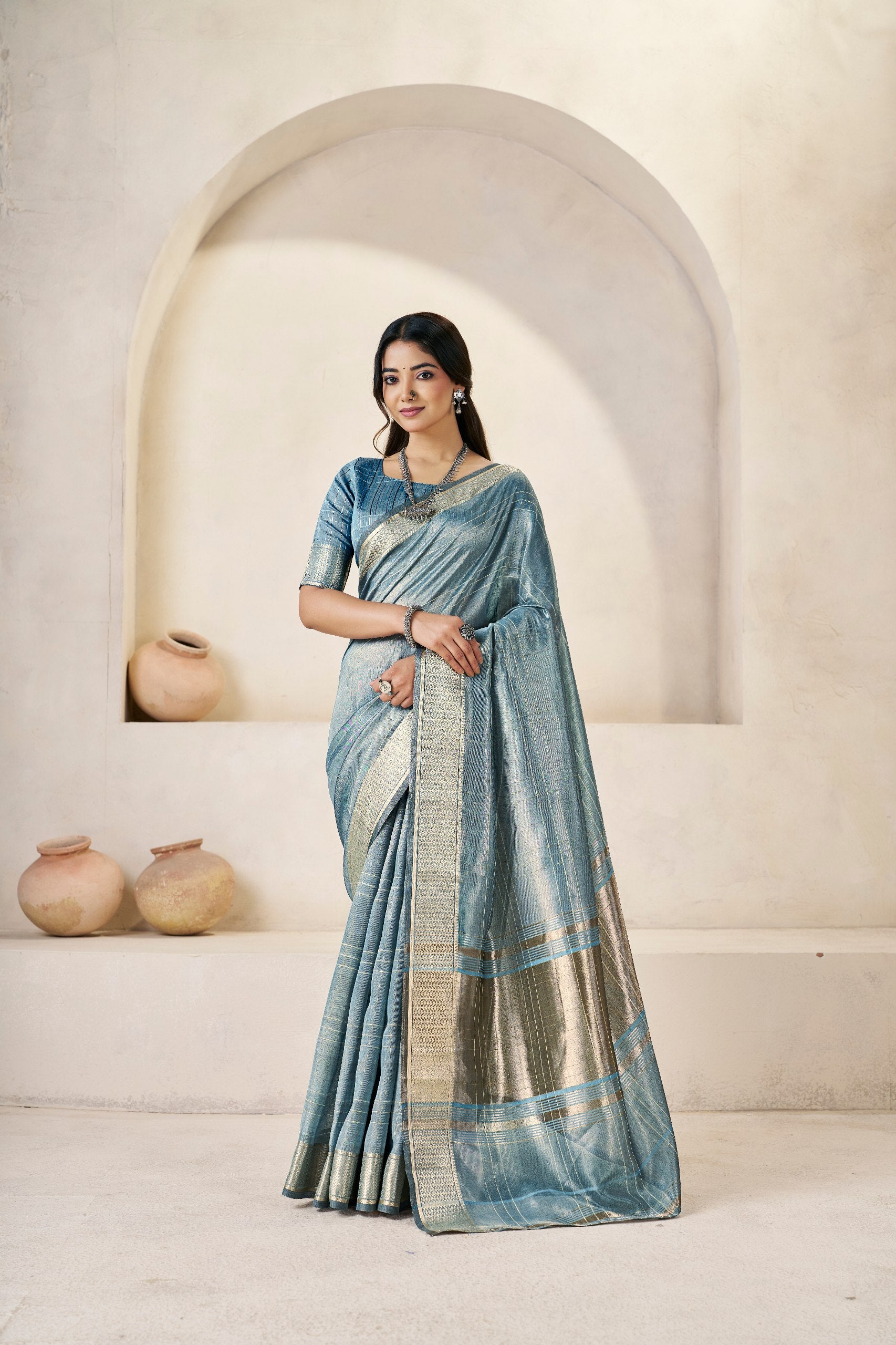 Designer Gold Zari With Soft Linen Cotton Silk Saree