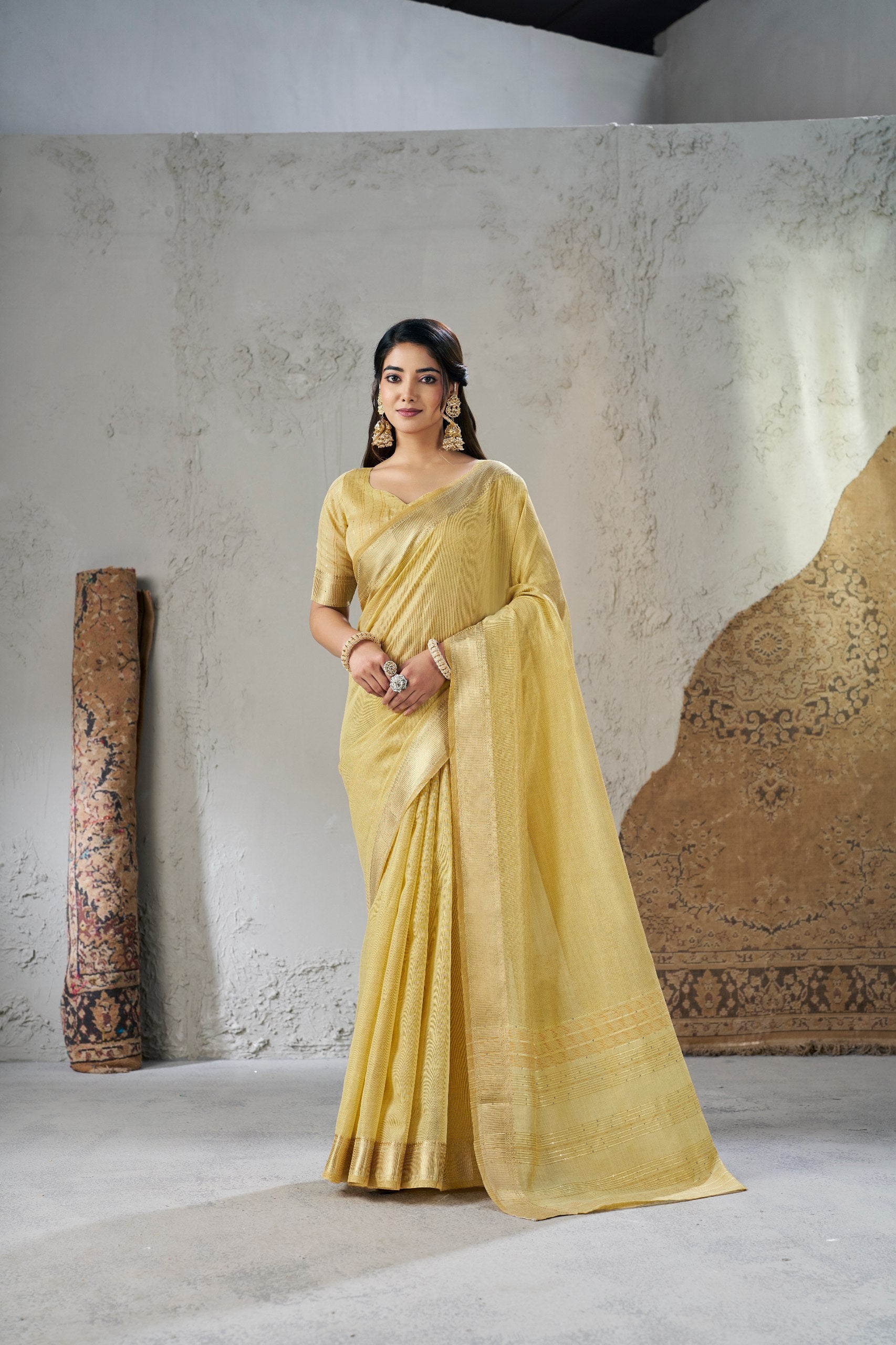 Rich Gold Zari Weaving Soft Linen Cotton Silk Saree