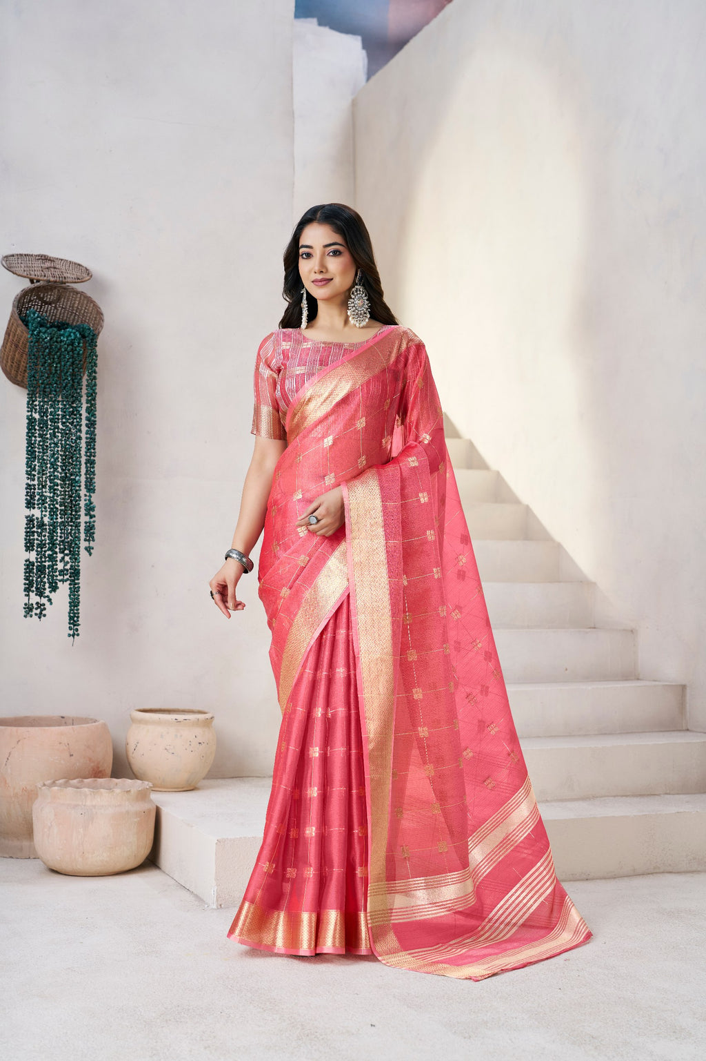 Soft Linen Cotton Silk Saree with Gold Zari Weaving