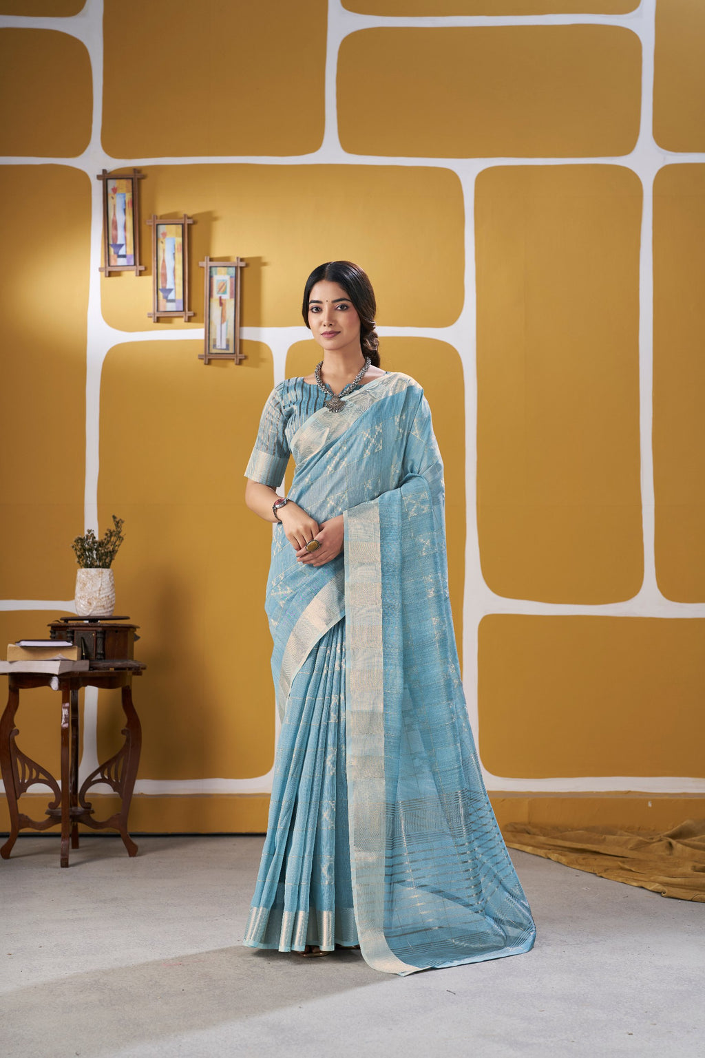 Premium Linen Cotton Silk Saree with Gold Zari Design