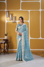 Premium Linen Cotton Silk Saree with Gold Zari Design