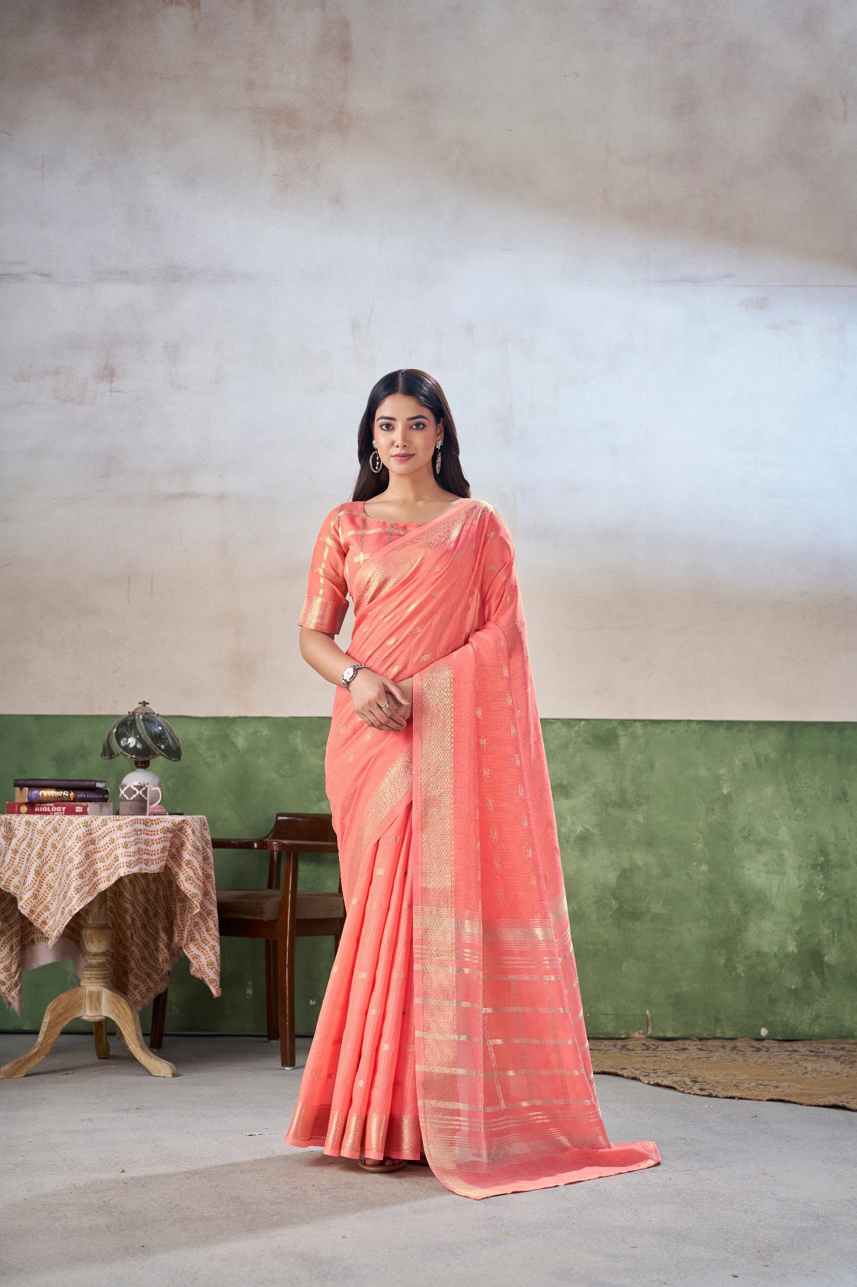 Party Wear Gold Zari Soft Linen Cotton Silk Saree