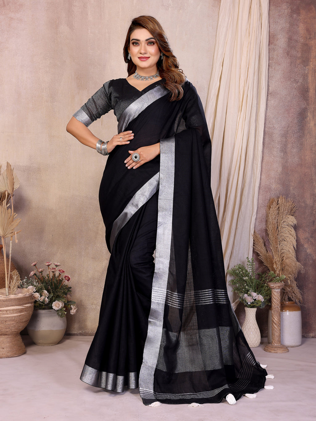 Beauty Soft Linen Cotton Saree with Silver Zari Border