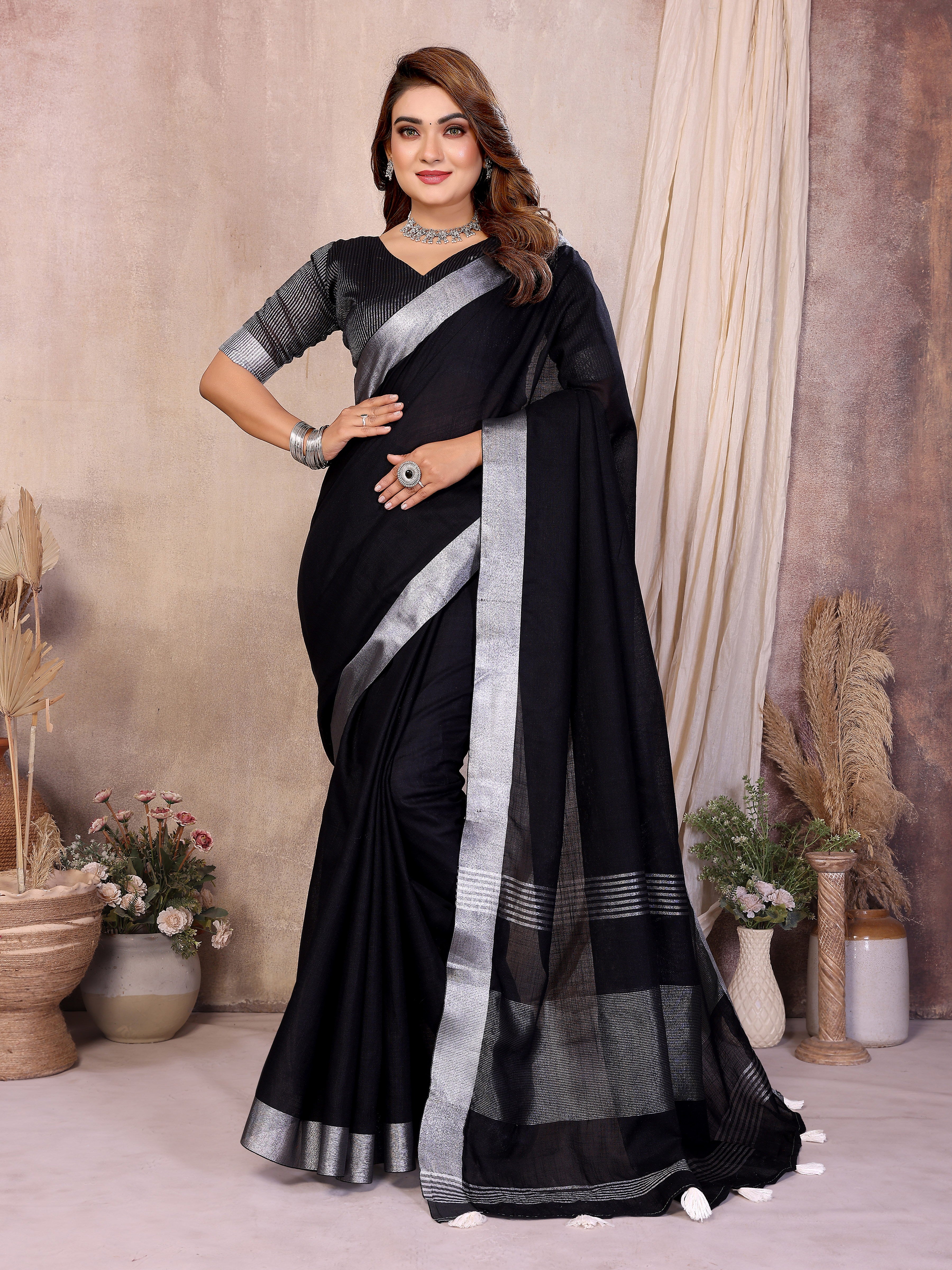 Beauty Soft Linen Cotton Saree with Silver Zari Border
