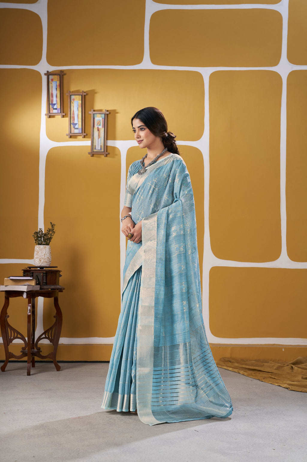 Premium Linen Cotton Silk Saree with Gold Zari Design