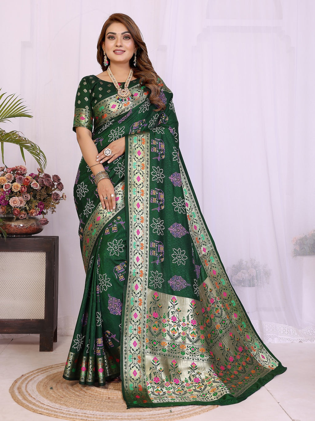 Dola Silk Bandhej Khadi Print Saree with Kanchi Border