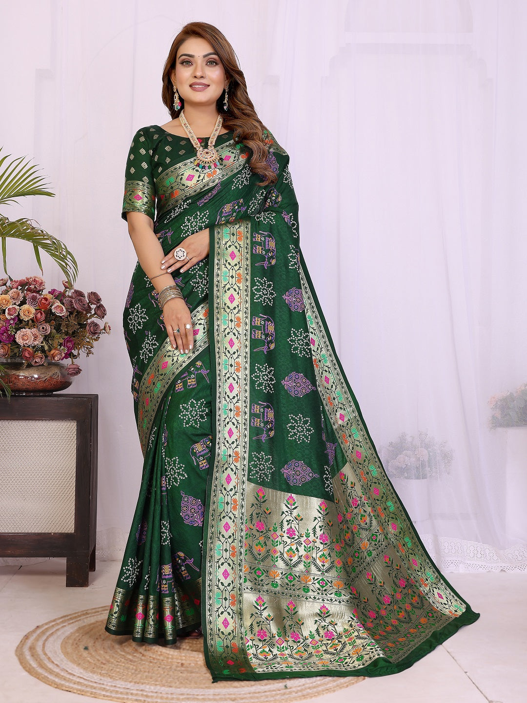 Dola Silk Bandhej Khadi Print Saree with Kanchi Border