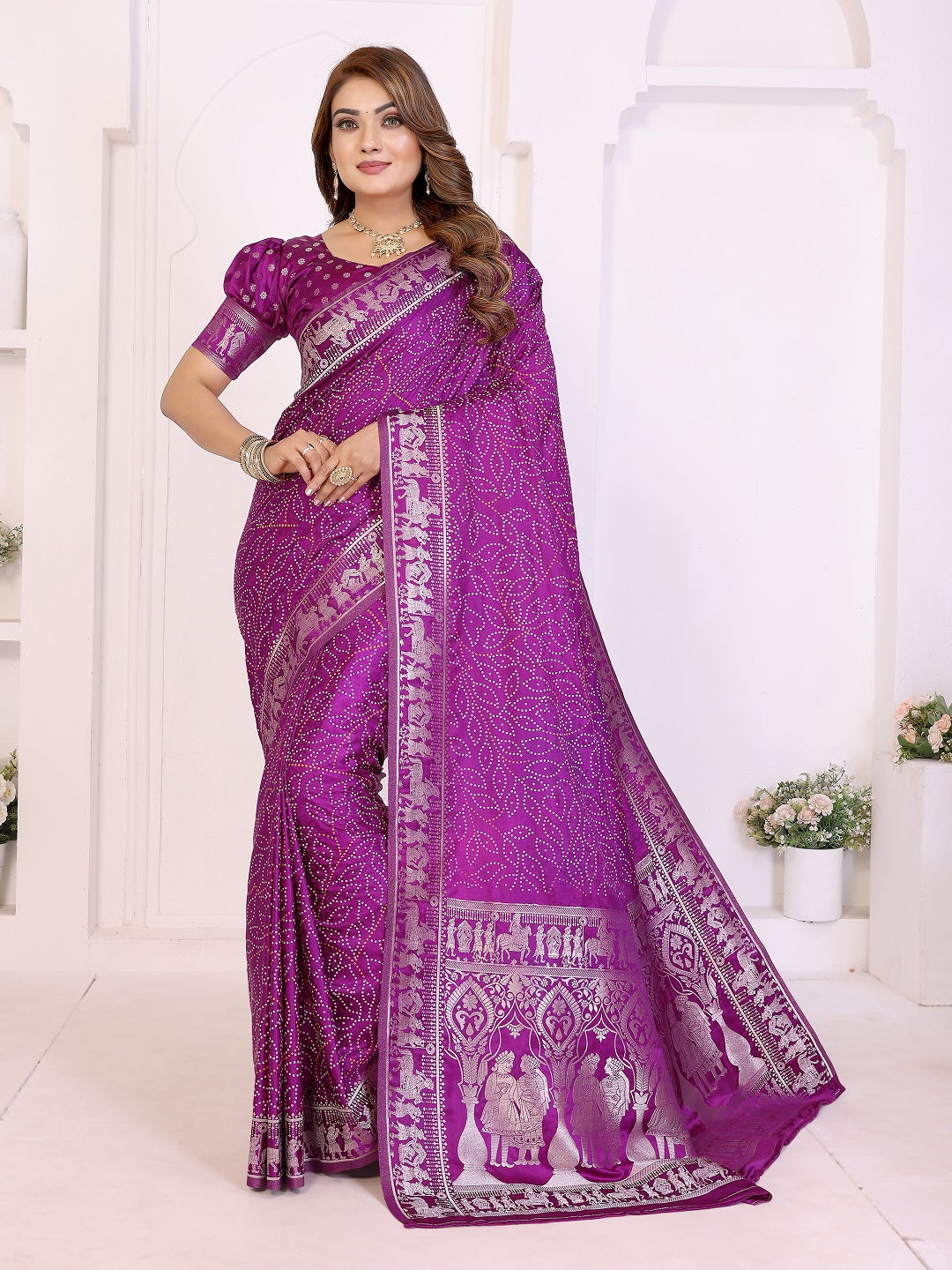 Kanchi Zari Border with Bandhej Print Saree