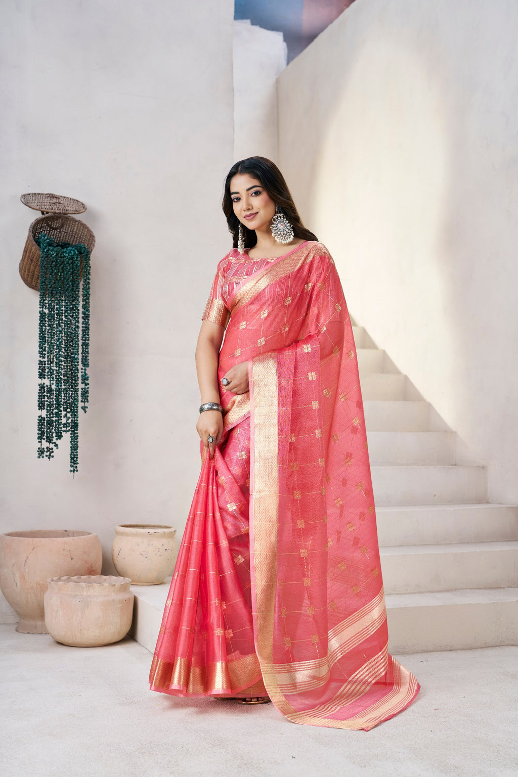 Soft Linen Cotton Silk Saree with Gold Zari Weaving