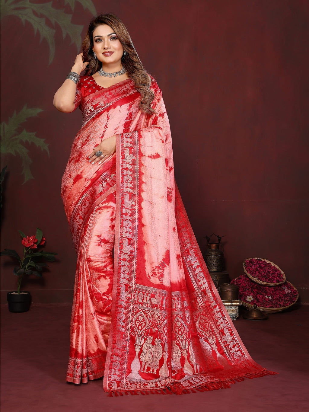 Sibori Bandhej Soft Satin Silk Zari Border Saree
