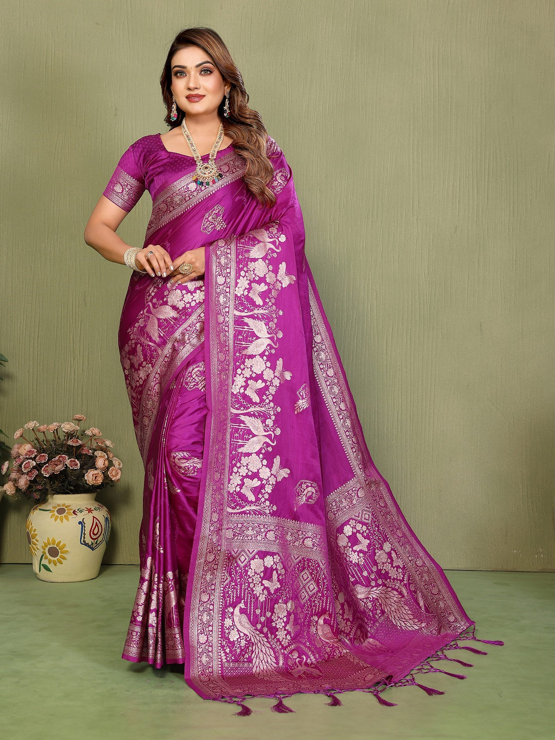 Zari Butta and Contrast Border Handloom Satin Silk Saree