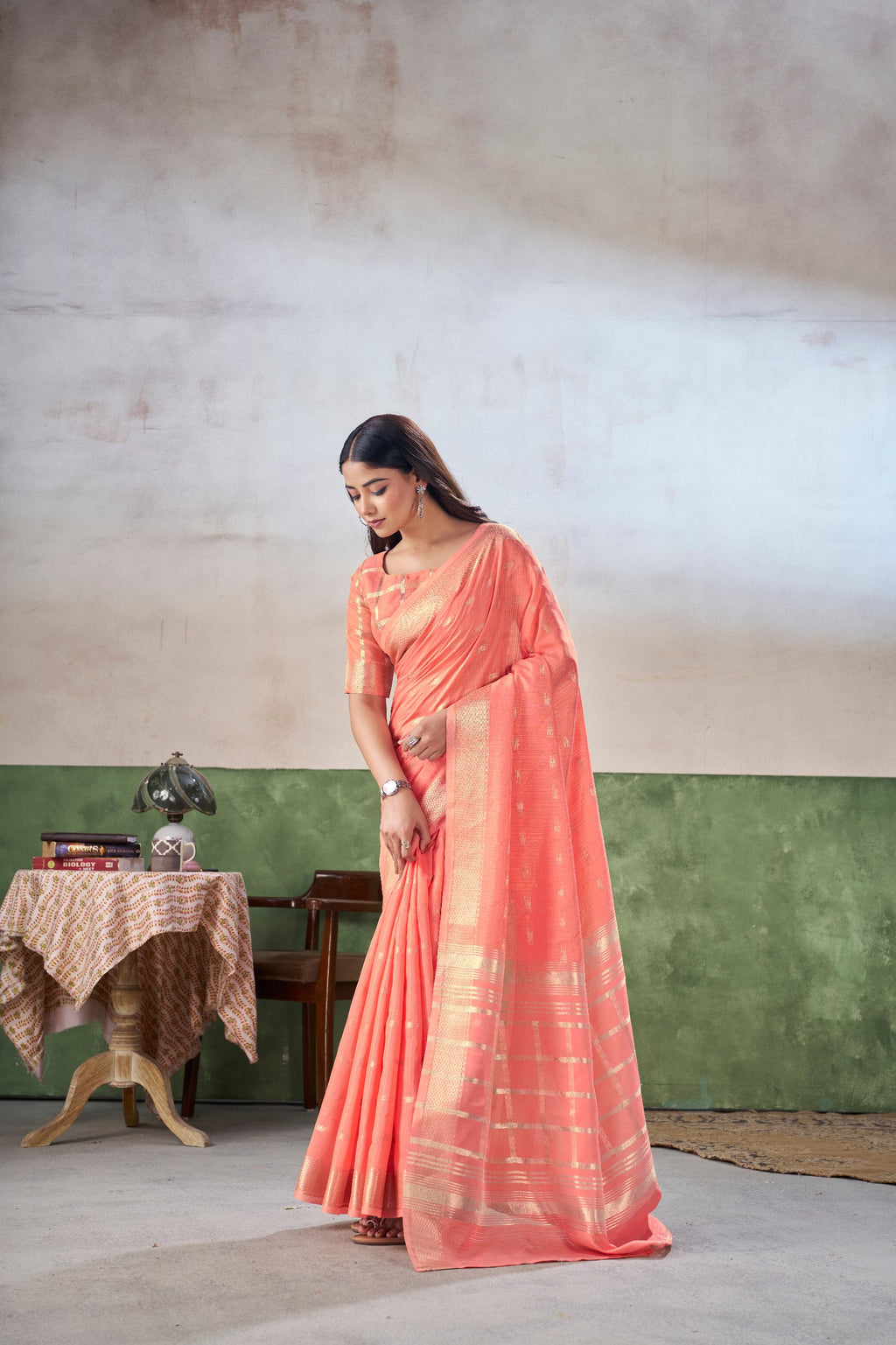 Party Wear Gold Zari Soft Linen Cotton Silk Saree