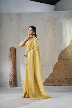 Rich Gold Zari Weaving Soft Linen Cotton Silk Saree