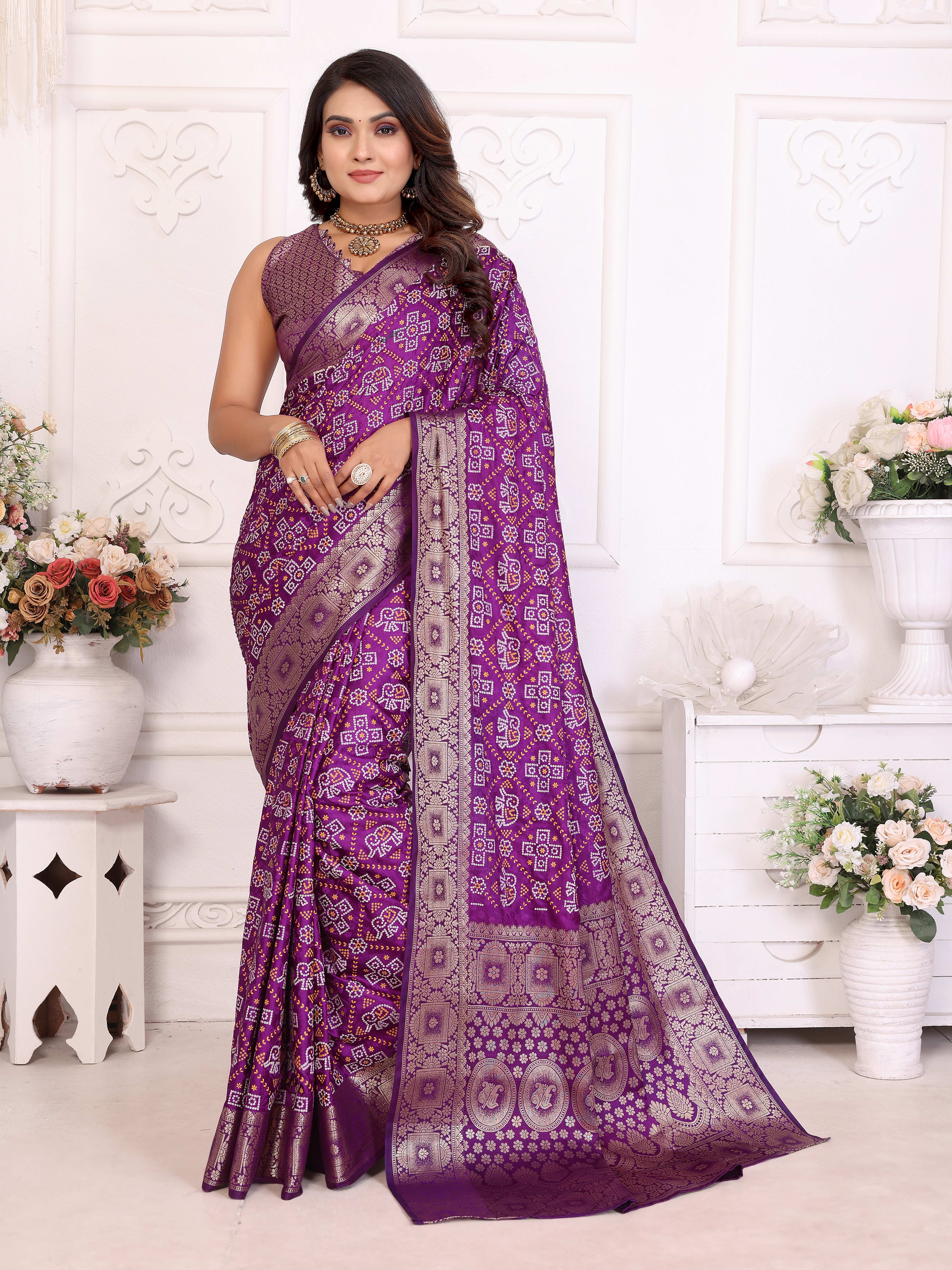Bandhej Print Soft Satin Silk Saree with Zari Border