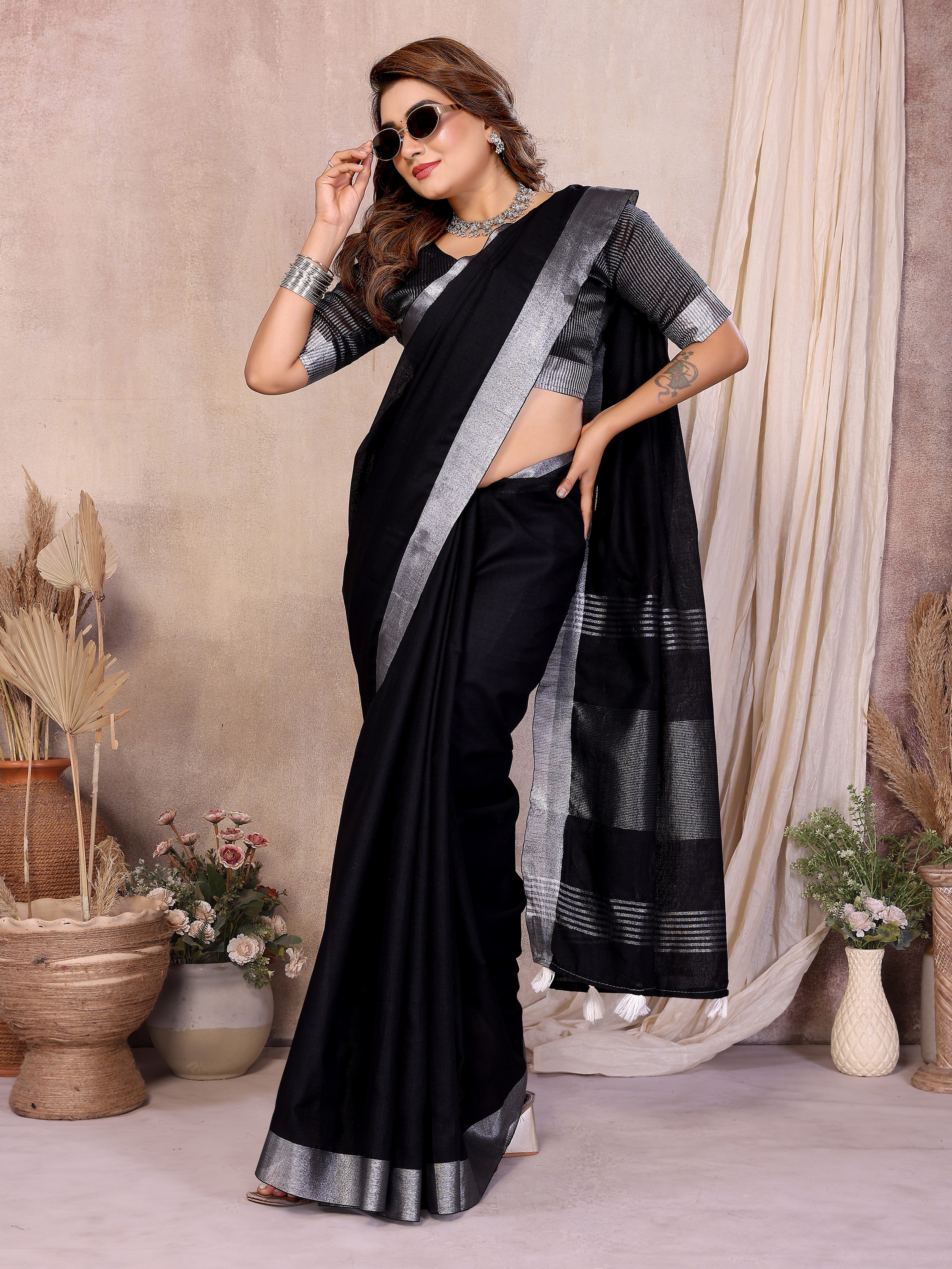 Beauty Soft Linen Cotton Saree with Silver Zari Border