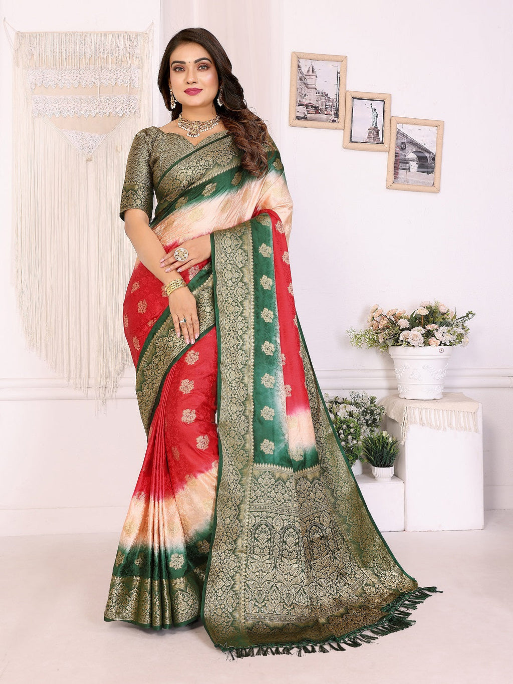3D Multi Color Soft Satin Silk Dyed Saree with Zari Work