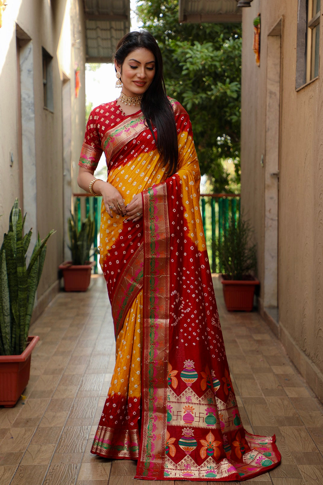 Pure Bandhej Silk Paithani Saree with Minakari Border